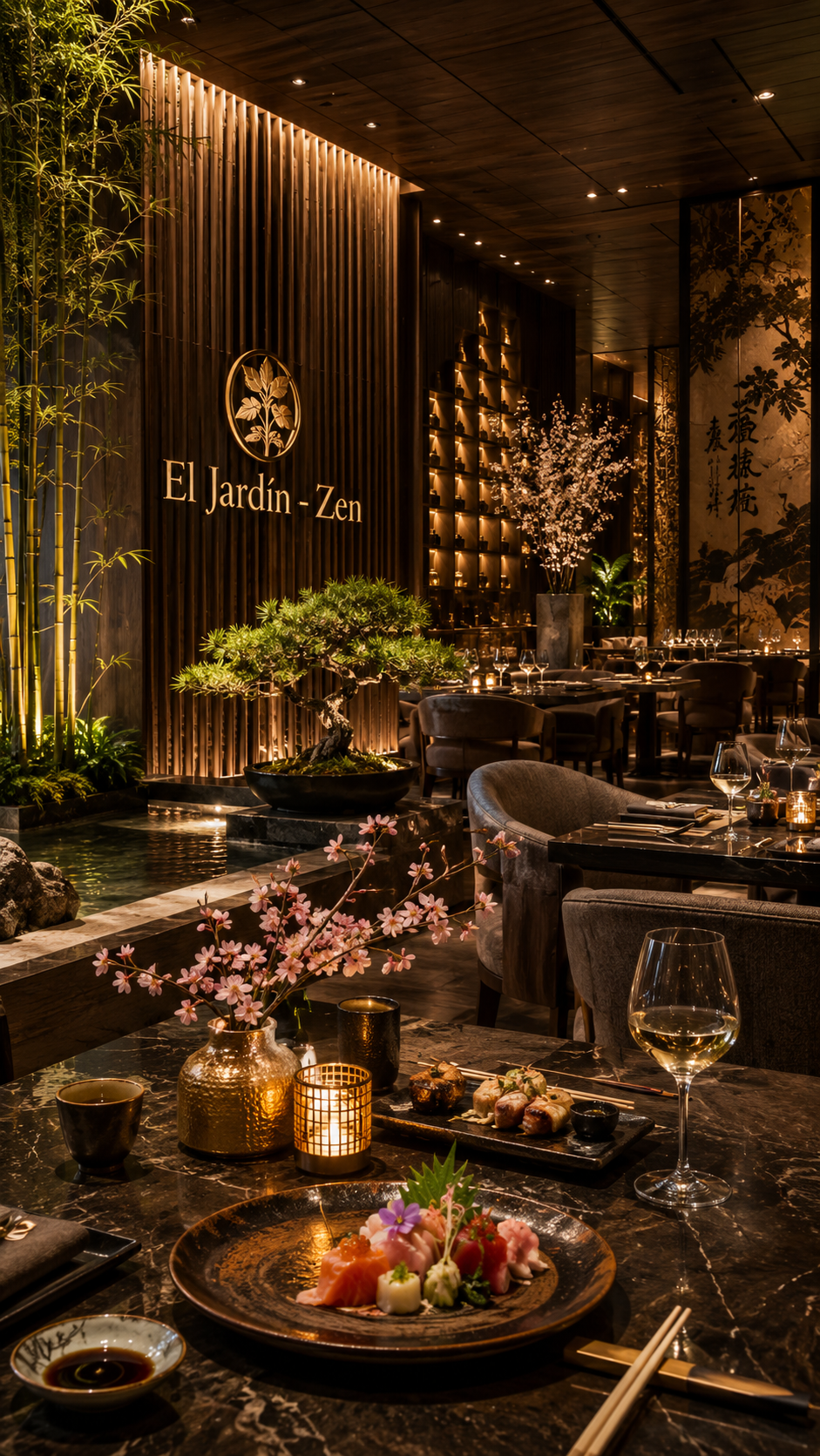 El Jardín Zen — sala principal con bambú y flores de cerezo